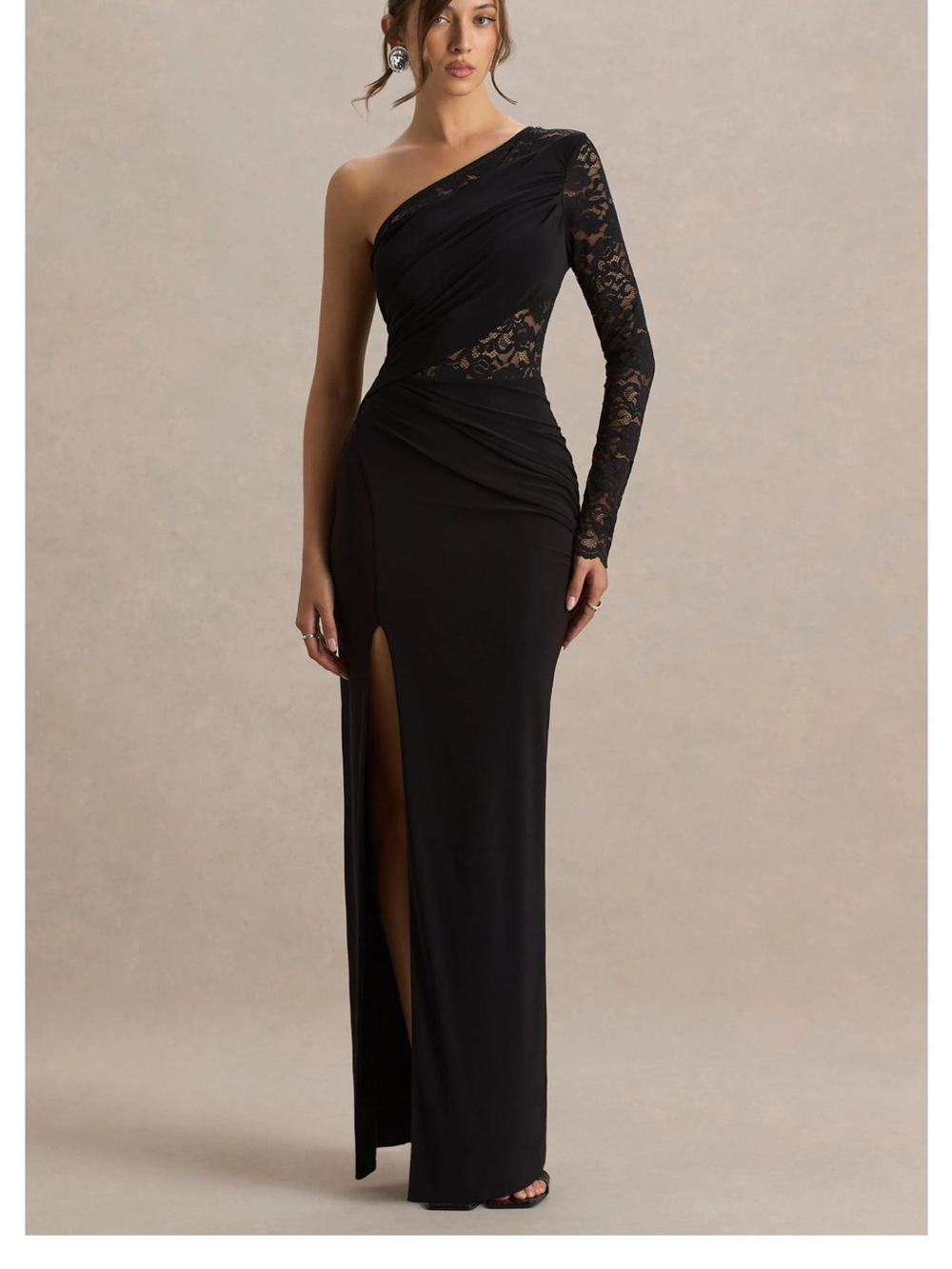 One-Shoulder Black Lace Sleeve Evening Gown